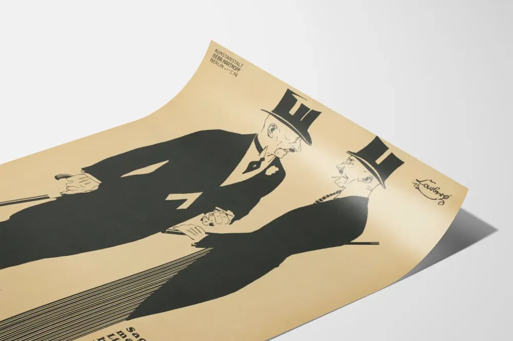 Affiche vintage noire et beige avec deux hommes élégants en haut-de-forme