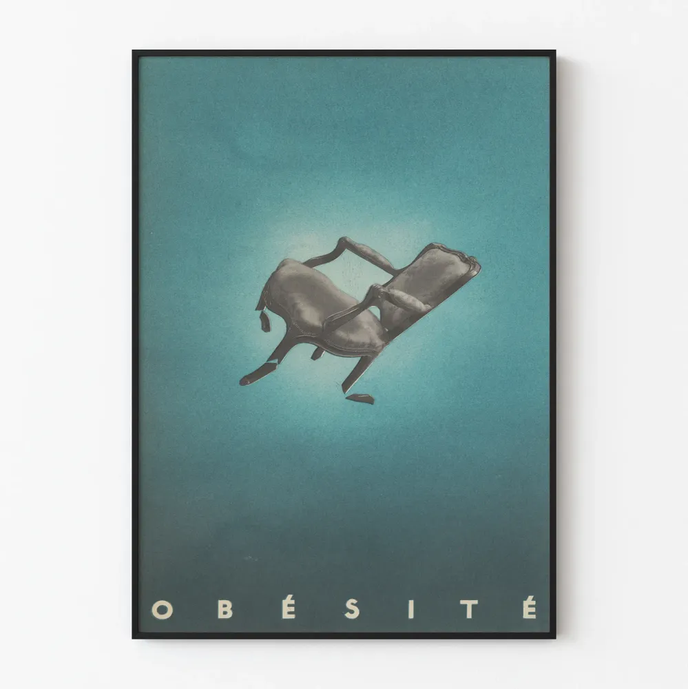 Affiche vintage Obésité - Illustration chaise cassée sur fond bleu