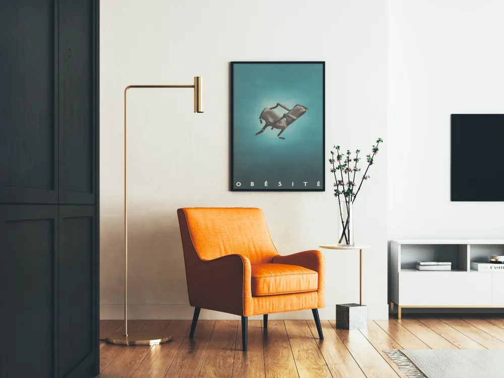 Affiche vintage Obésité - Illustration chaise cassée sur fond bleu
