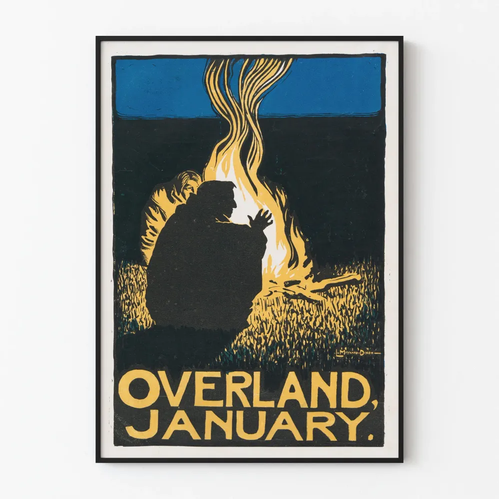 Affiche vintage Overland January au feu de camp