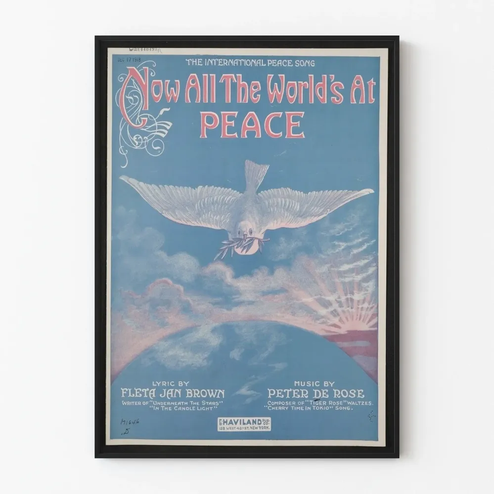 Affiche vintage paix mondiale avec colombe et soleil levant