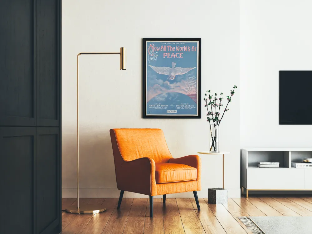 Affiche vintage paix mondiale avec colombe et soleil levant