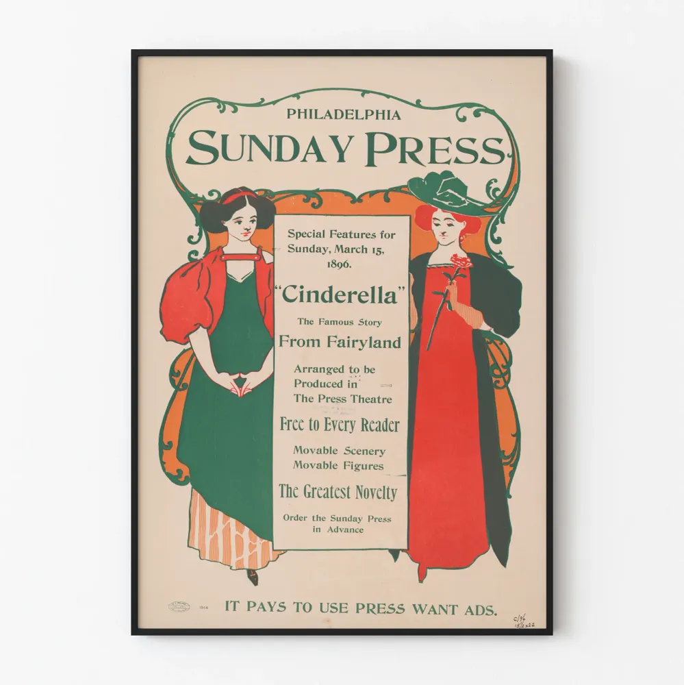 Affiche Vintage Philadelphia Sunday Press - Conte Cendrillon 1896