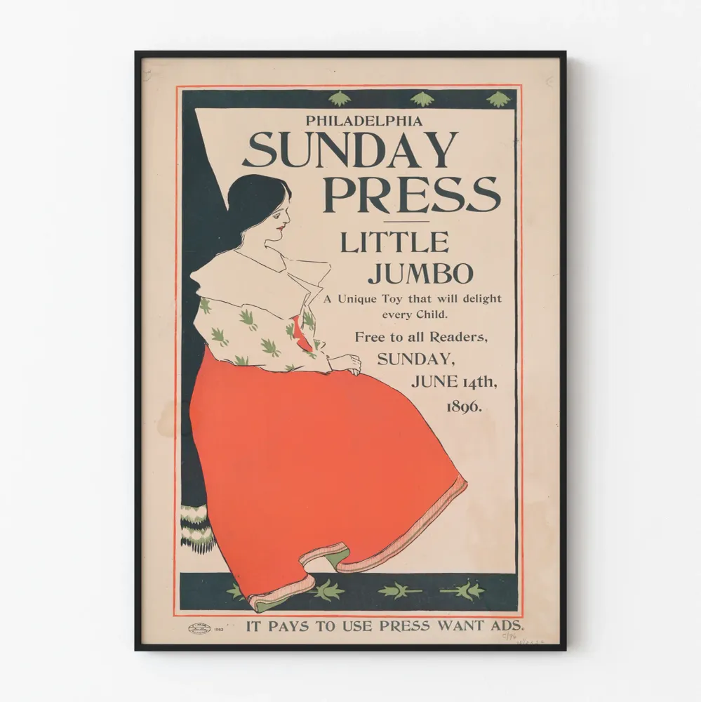Affiche vintage Philadelphia Sunday Press Little Jumbo 1896