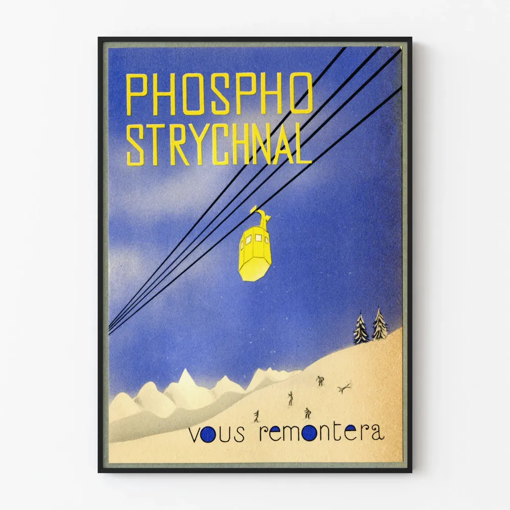 Affiche Vintage Phospho Strychnal Téléphérique en Montagne