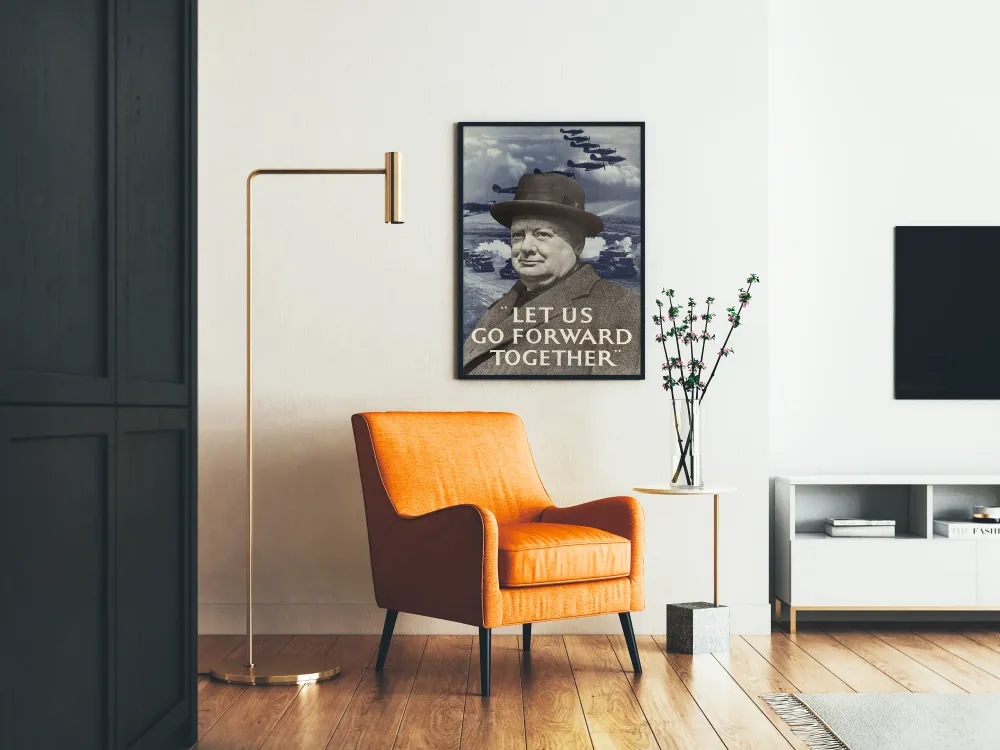 Affiche vintage de propagande militaire 'Let Us Go Forward Together' avec portrait d'homme en chapeau