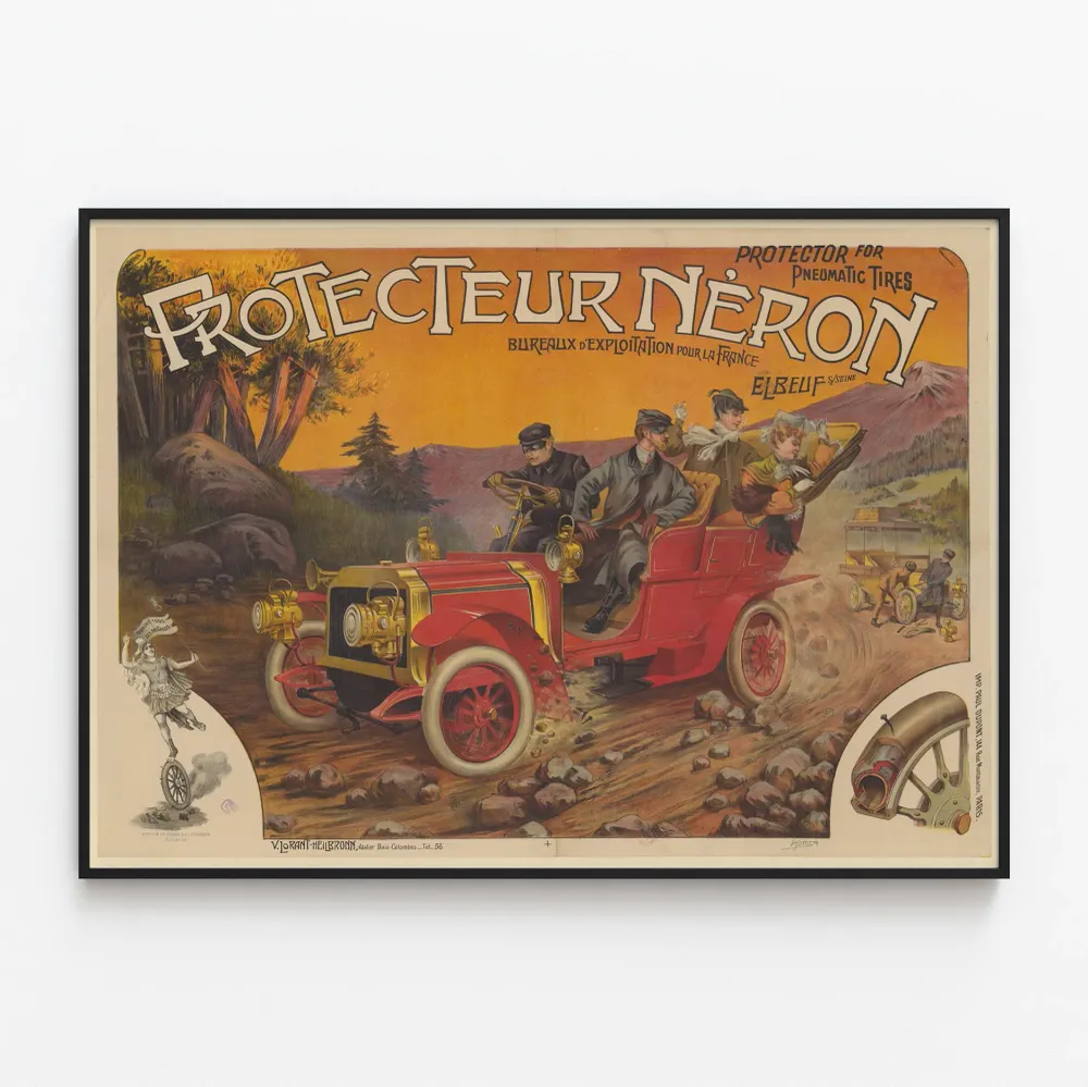 Affiche vintage Protecteur Néron pour pneus pneumatiques