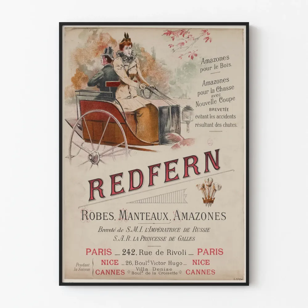 Affiche vintage Redfern : mode Amazones pour élégance et chasse