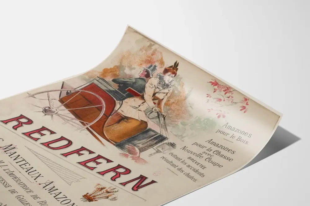 Affiche vintage Redfern : mode Amazones pour élégance et chasse