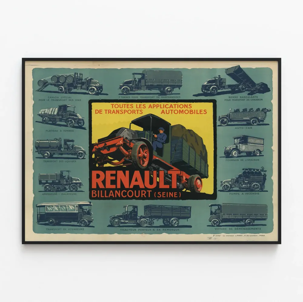 Affiche vintage Renault Billancourt toutes applications de transports automobiles