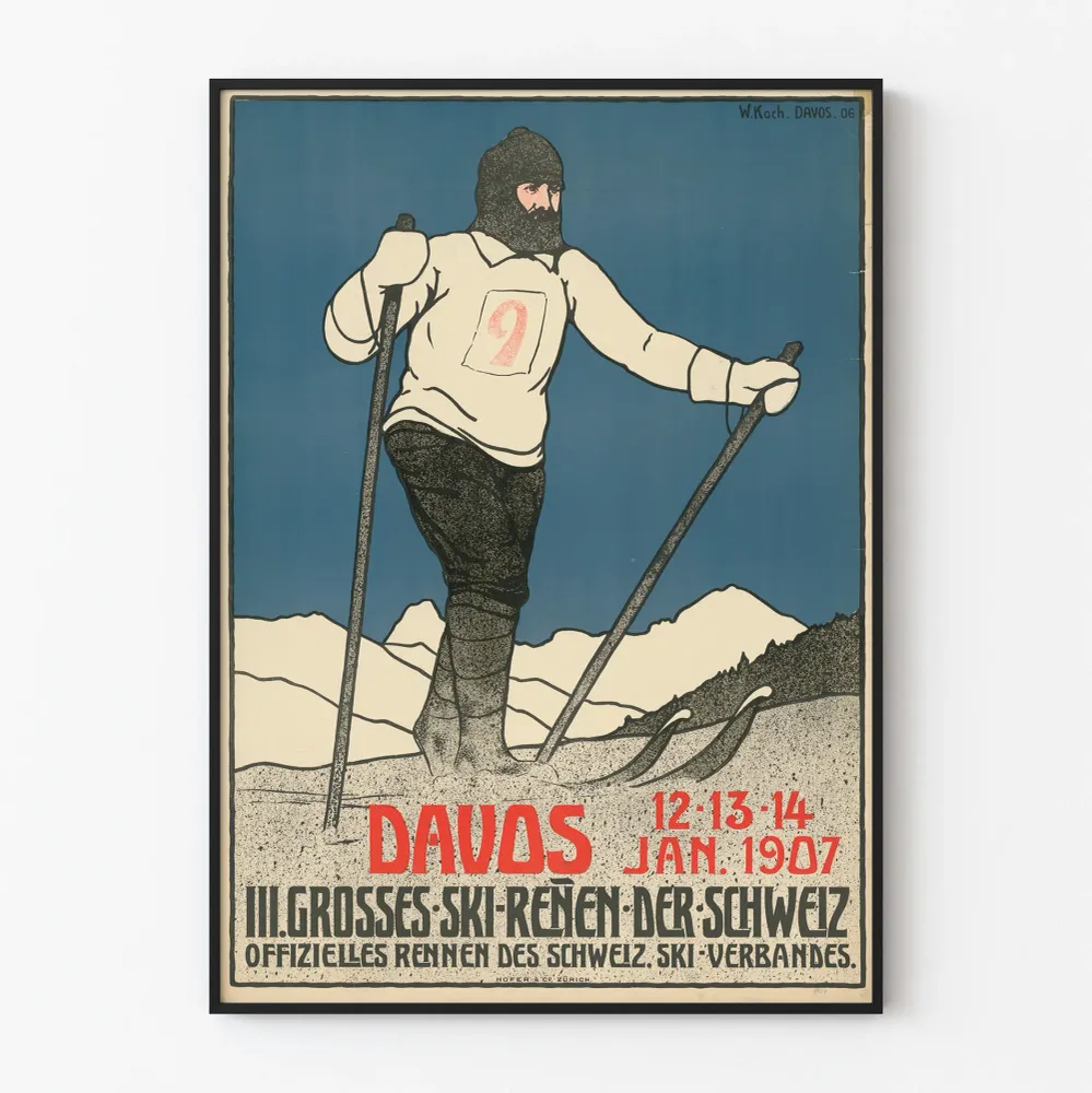Affiche vintage ski Davos 1907 décoration murale