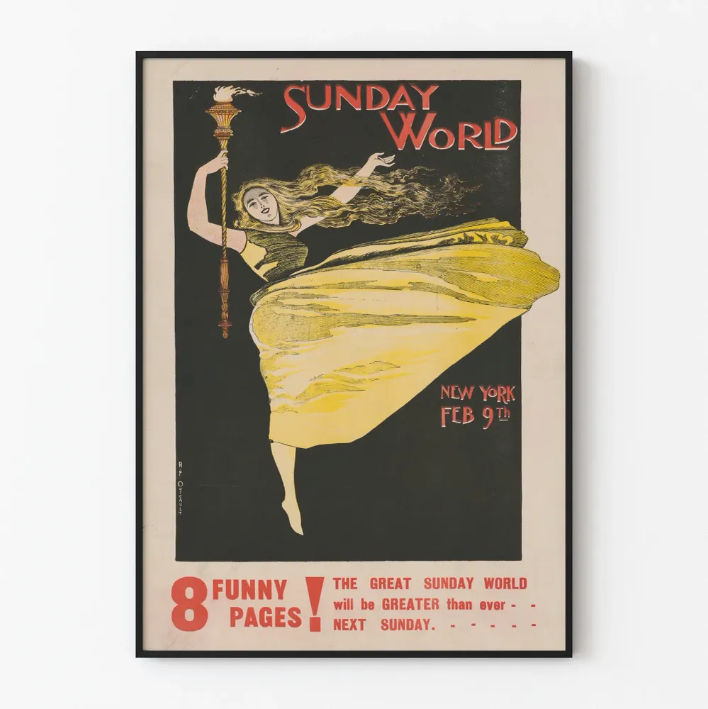 Affiche Vintage Sunday World avec Femme en Robe Jaune et Torche