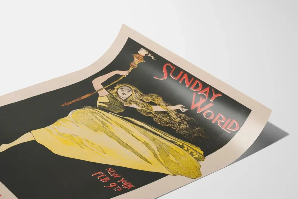 Affiche Vintage Sunday World avec Femme en Robe Jaune et Torche