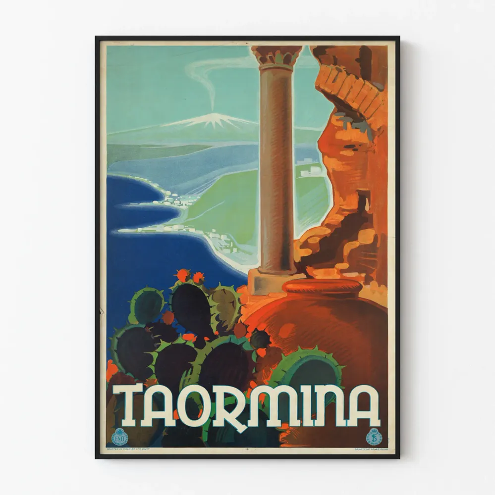 Affiche vintage Taormina avec vue sur l'Etna et décor méditerranéen
