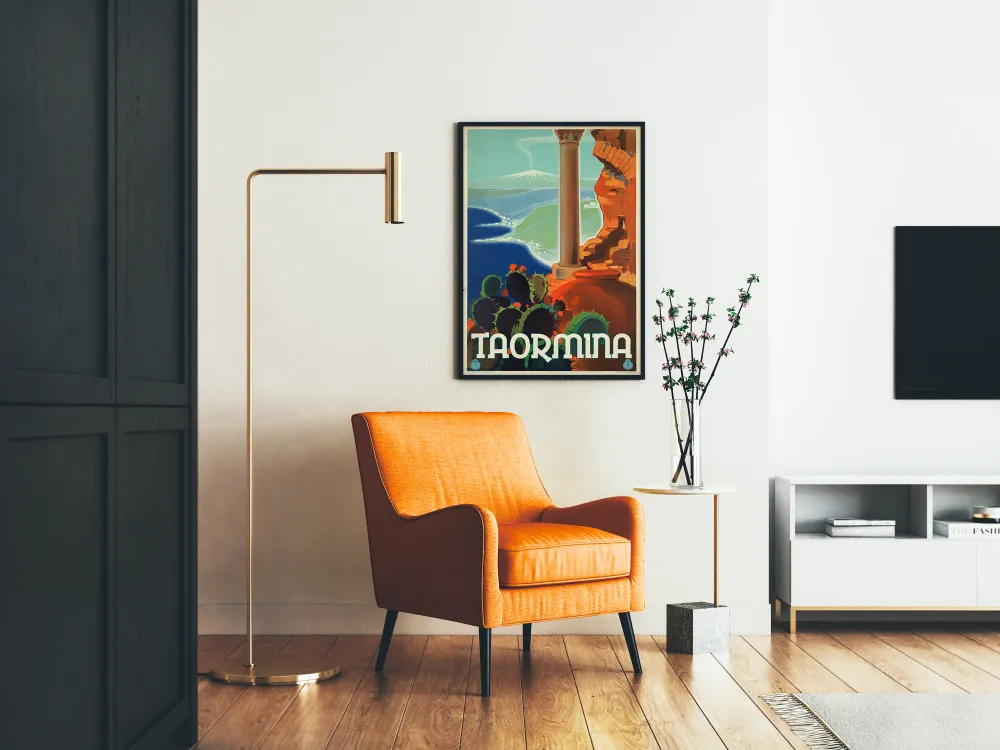Affiche vintage Taormina avec vue sur l'Etna et décor méditerranéen