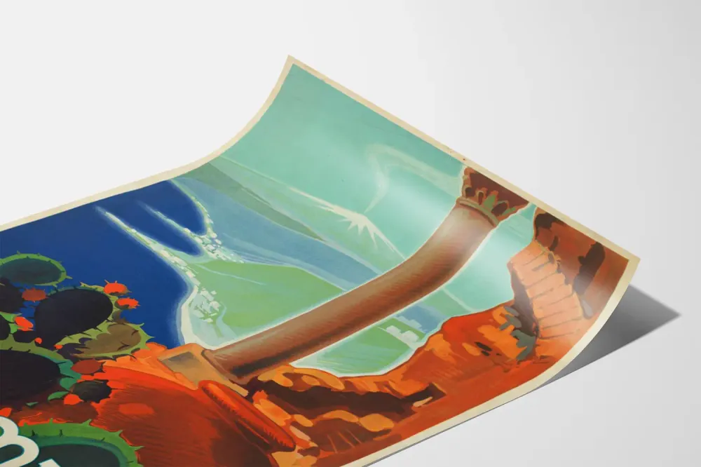 Affiche vintage Taormina avec vue sur l'Etna et décor méditerranéen