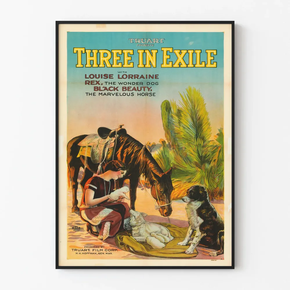 Affiche vintage Three Exile avec animaux et femme