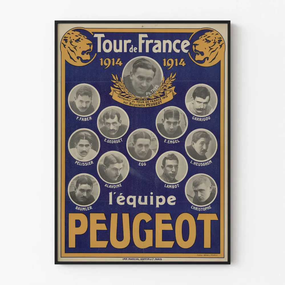 Affiche vintage Tour de France 1914 équipe Peugeot