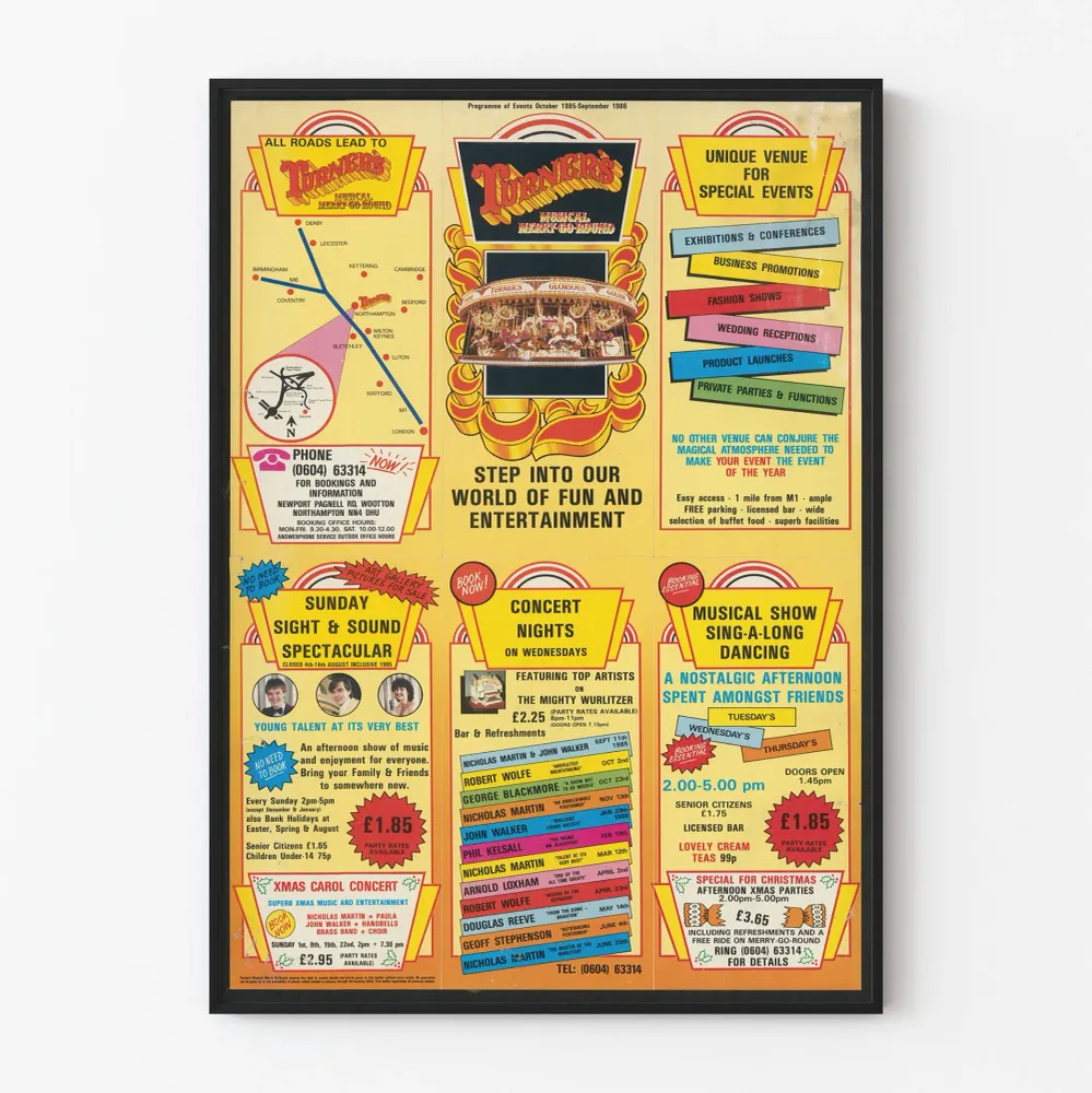 Affiche vintage Turner’s Musical Merry-Go-Round - Programme d’événements 1985-1986