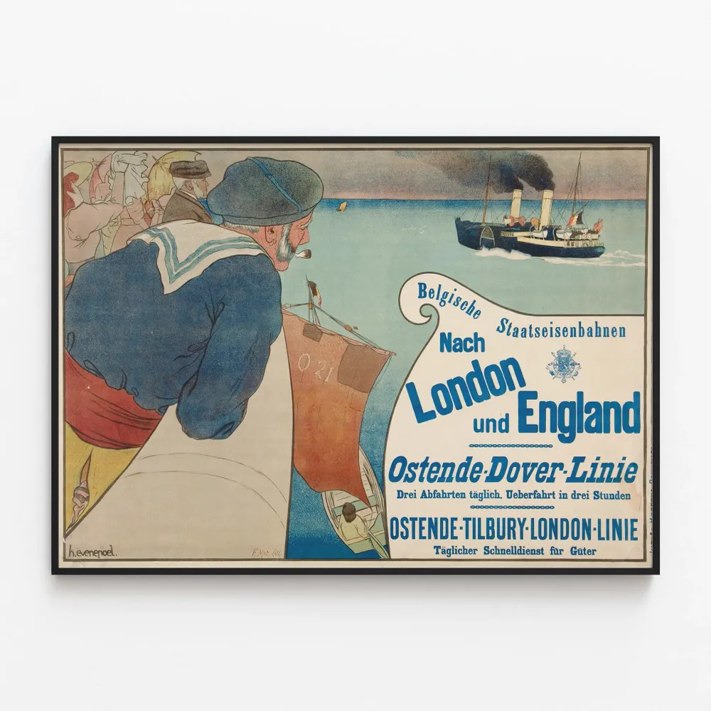 Affiche vintage voyage Belgique - ligne Ostende Londres Angleterre