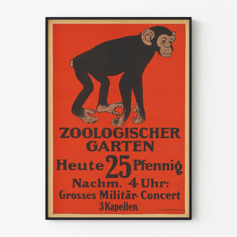 Affiche vintage Zoologischer Garten avec singe sur fond rouge - Décoration murale originale