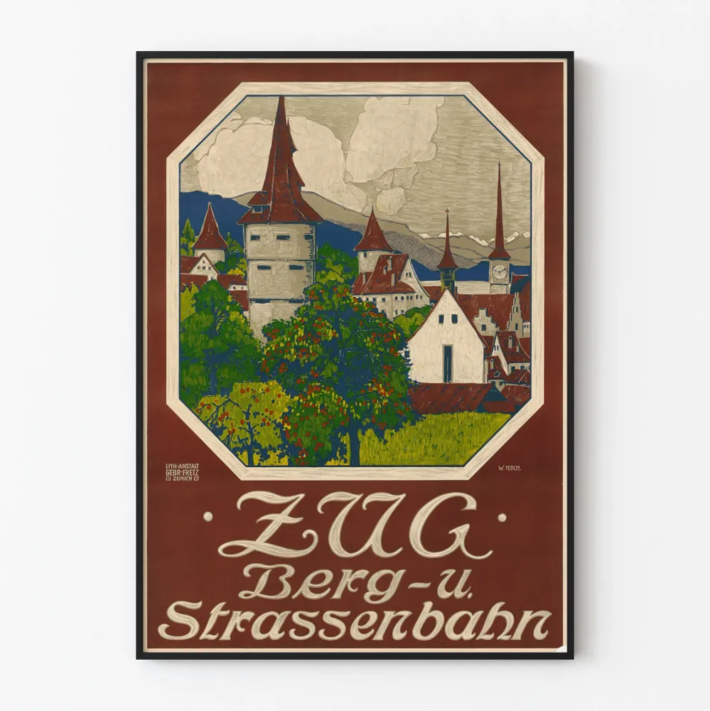 Affiche vintage Zug Berg- und Strassenbahn ville suisse