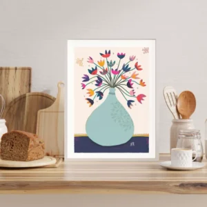 Affiche Fleurie Colorée : Bouquet au vase bleu clair Amélie Pomélo
