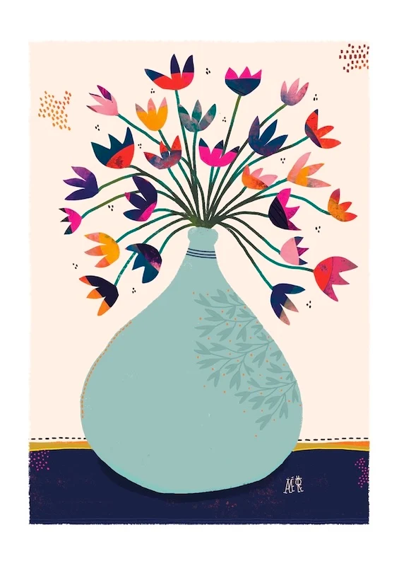 Affiche Fleurie Colorée : Bouquet au vase bleu clair Amélie Pomélo