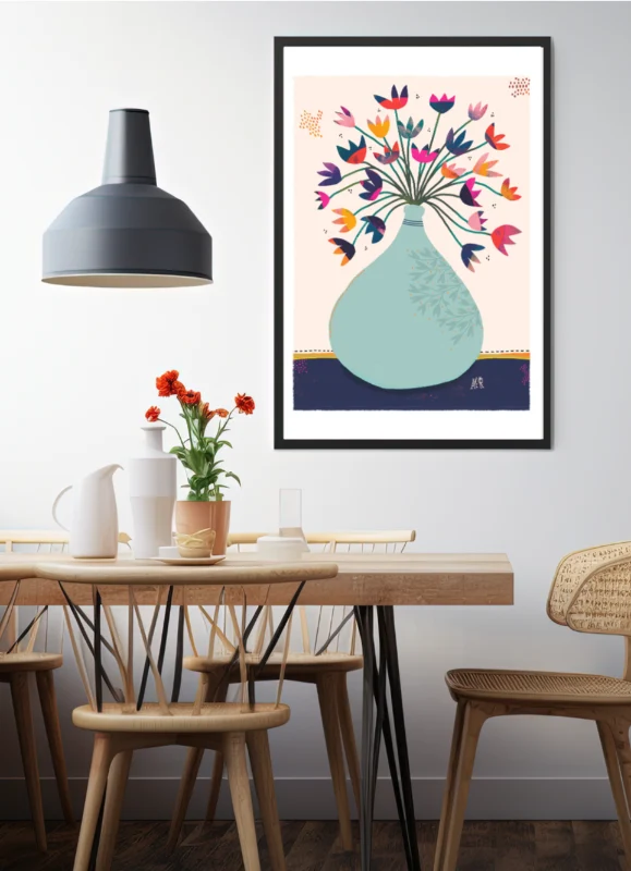Affiche Fleurie Colorée : Bouquet au vase bleu clair Amélie Pomélo