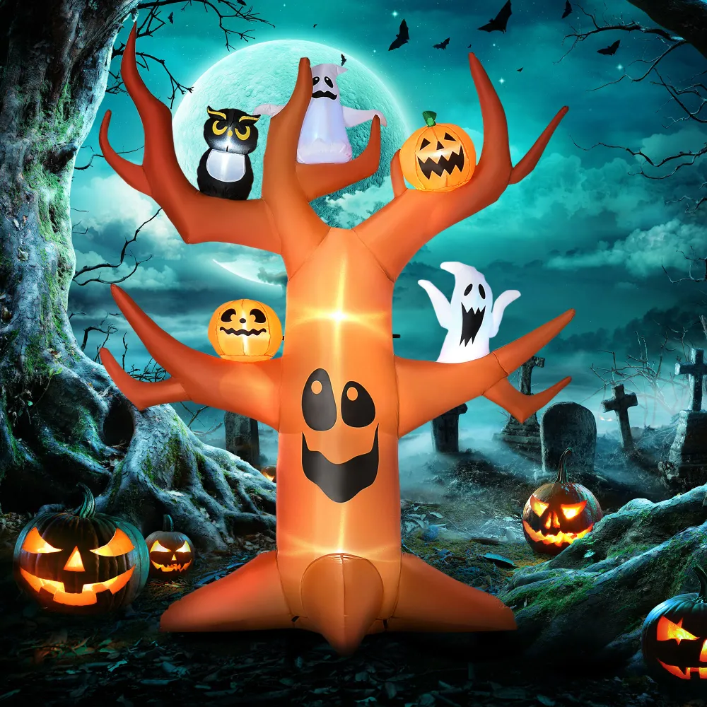 Arbre hanté gonflable d'Halloween de 2,7 m avec citrouilles, fantômes et chat, affichage LED Ameublement à rabais