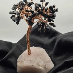 Arbre du Bonheur d'Obsidienne Noir Sur Druse De Quartz Rose