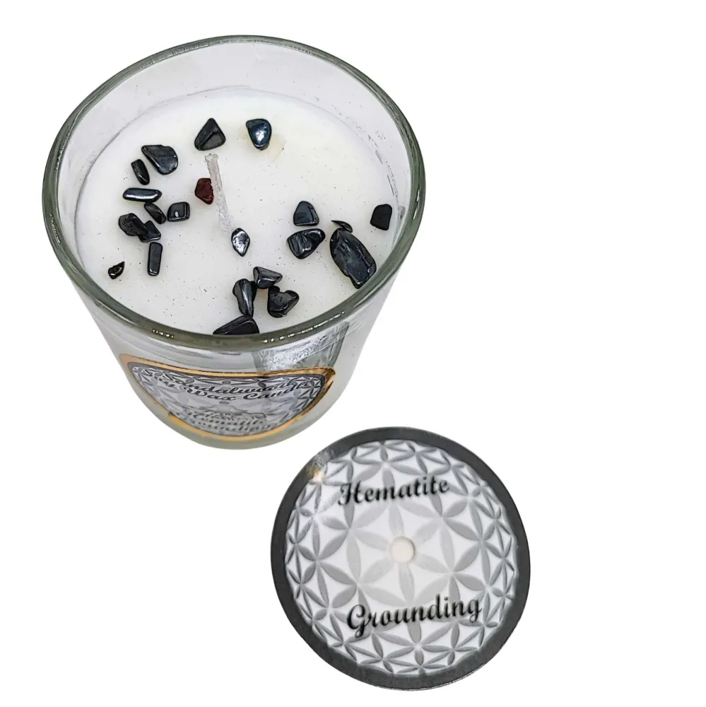 Chandelle de Soja -Harmonia Enraciné -Bois de Santal & Hématite -3oz Arômes & Évasions