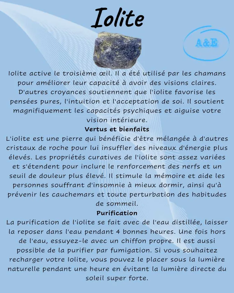 Fiche Descriptive -Pierres Précieuses & Cristaux -Iolite Arômes & Évasions