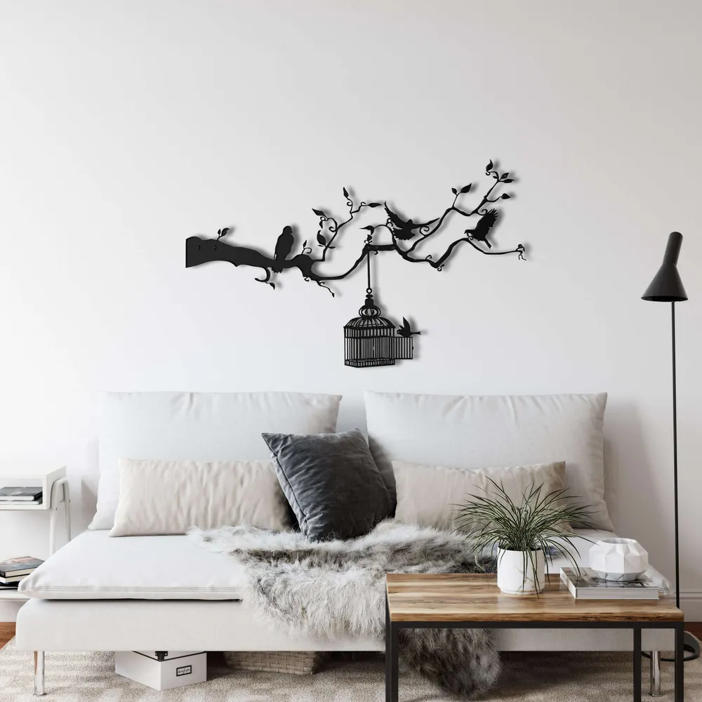 Art Mural en Métal - Oiseaux et Cage 75x46
