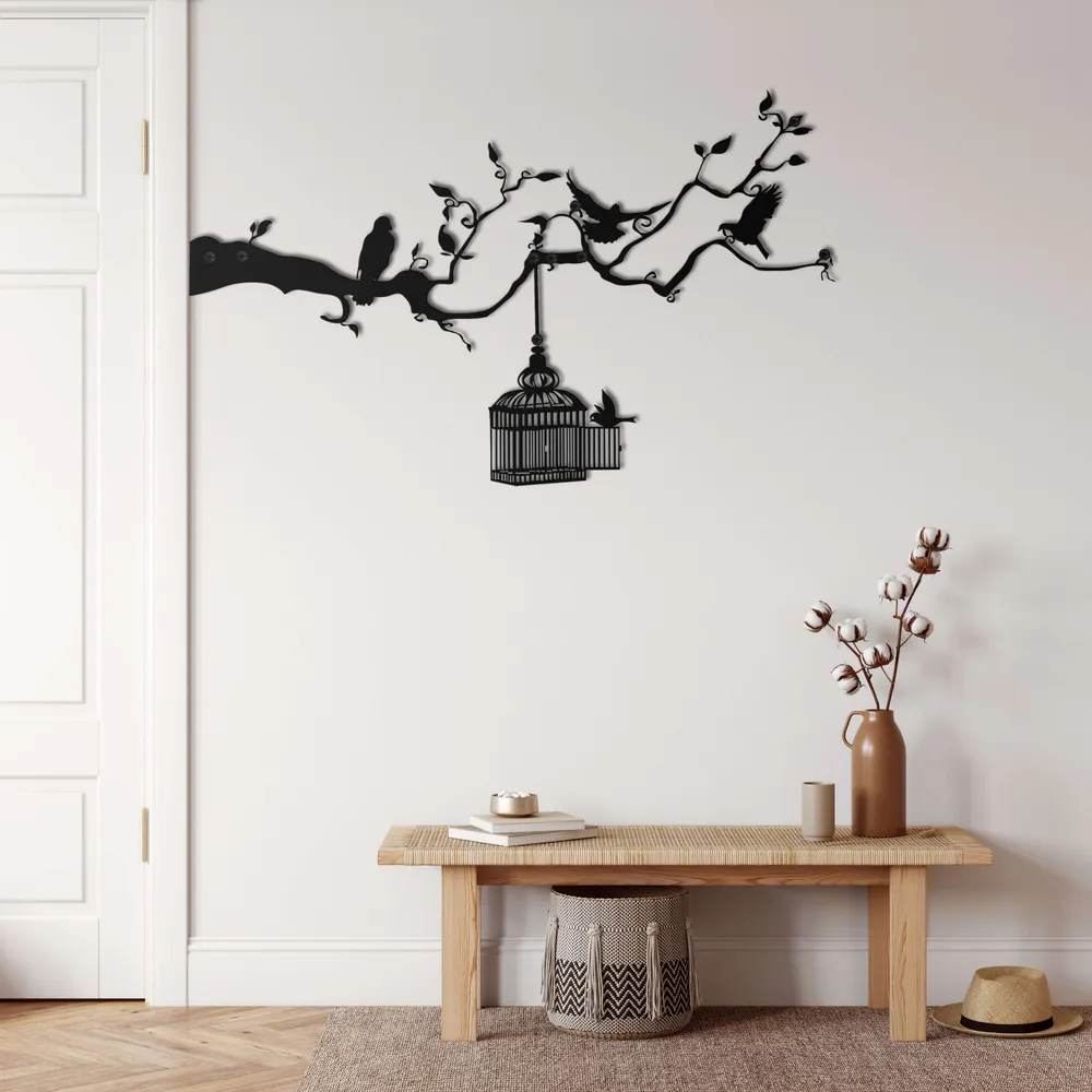 Art Mural en Métal - Oiseaux et Cage 75x46