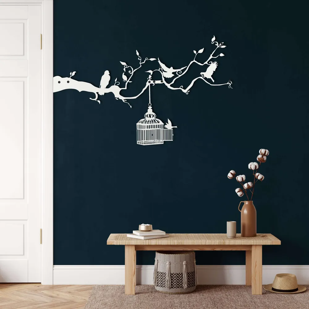 Art Mural en Métal - Oiseaux et Cage 75x46
