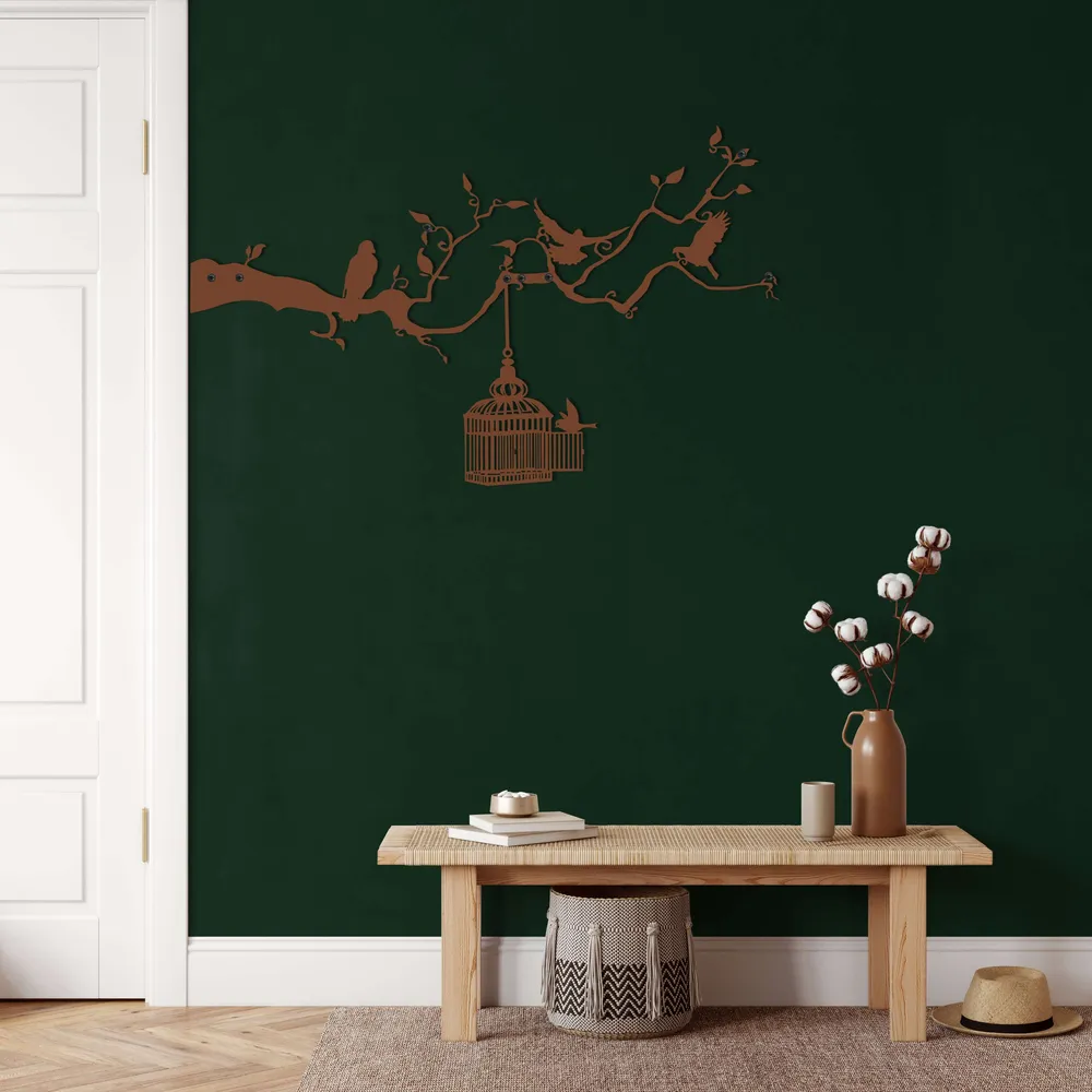 Art Mural en Métal - Oiseaux et Cage 75x46
