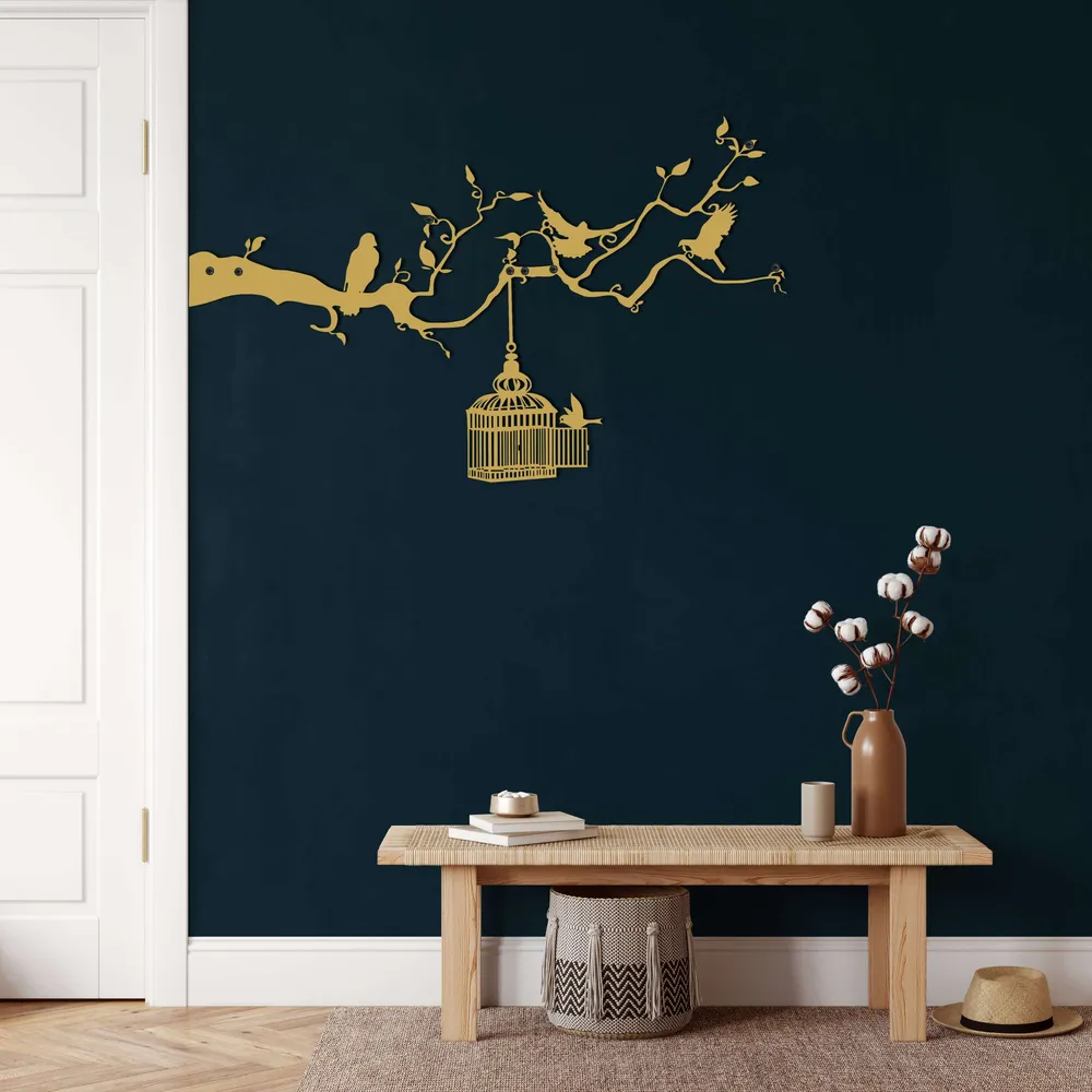 Art Mural en Métal - Oiseaux et Cage 75x46