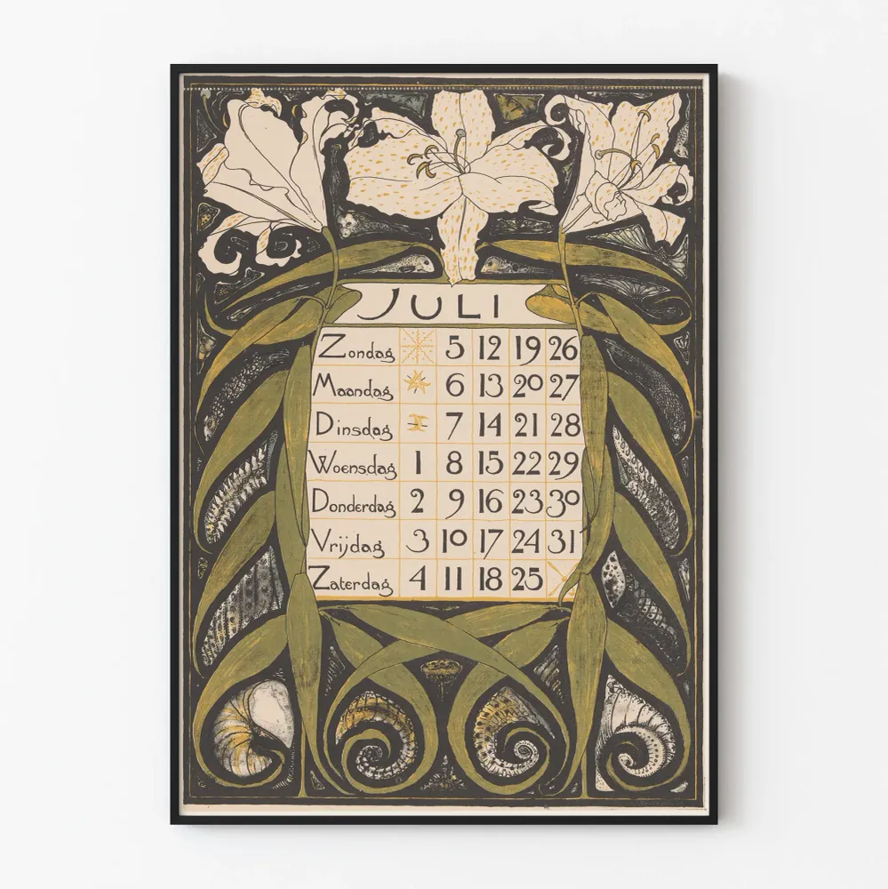 Affiche calendrier mural juillet 1896 style Art Nouveau Artem Legrand