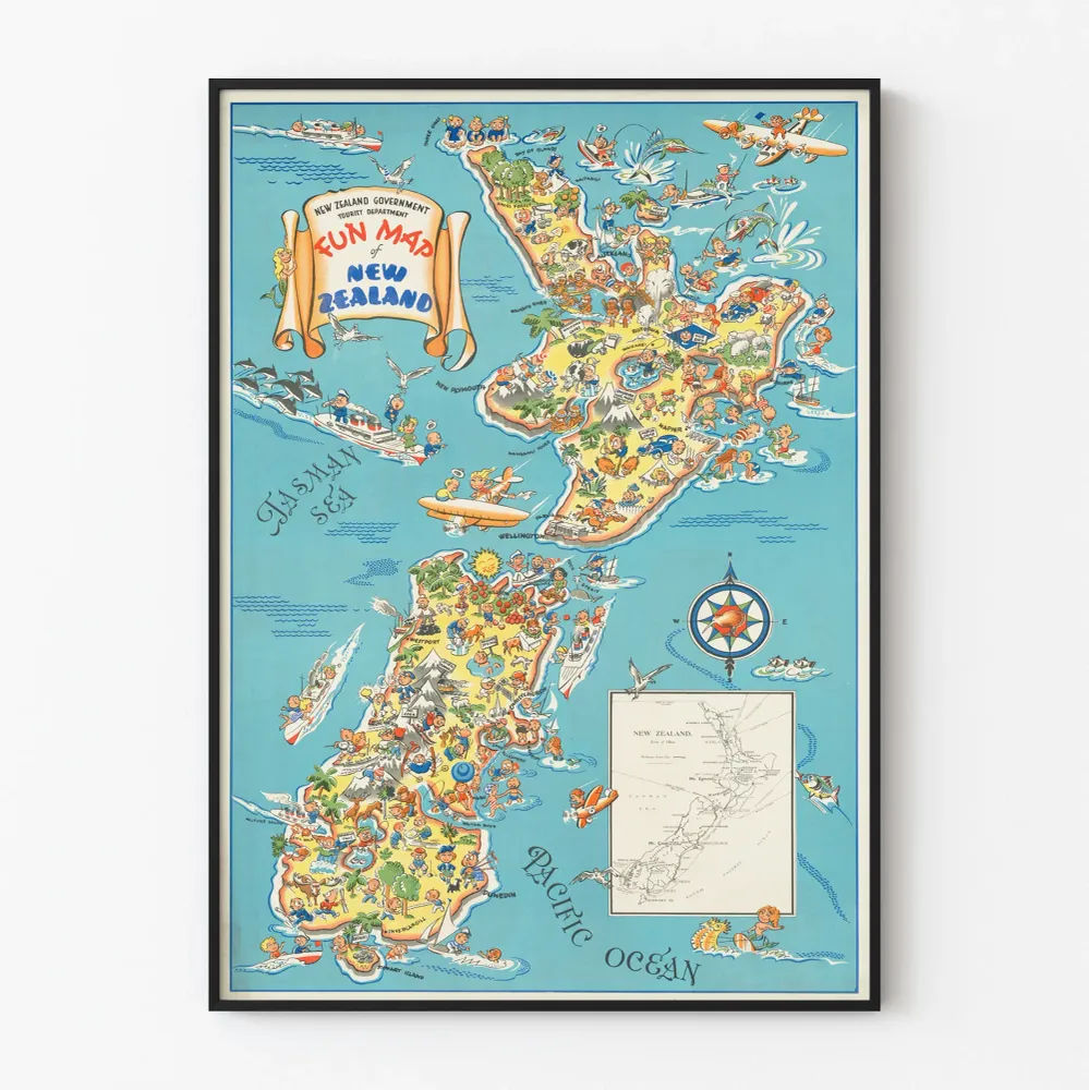 Affiche Carte Illustrée et Ludique de la Nouvelle-Zélande Artem Legrand