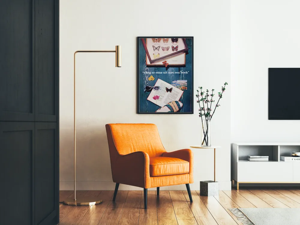 Affiche décorative papillons et livre sur fond bois bleu Artem Legrand