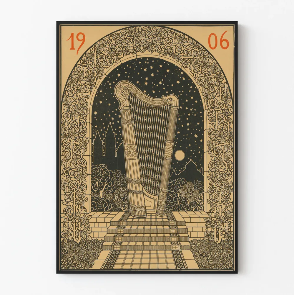 Affiche Harpe sous Arc Fleuri en Nuit Étoilée Artem Legrand
