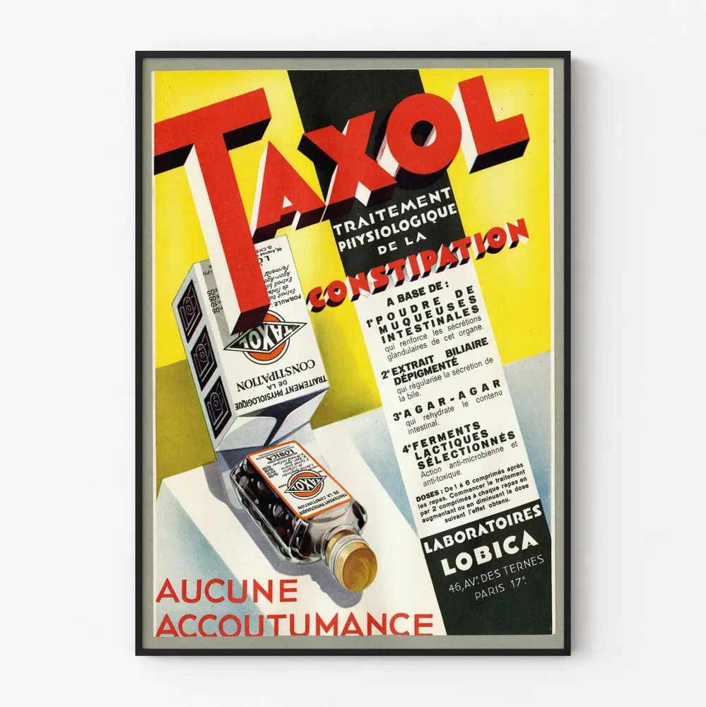 Affiche publicitaire vintage du traitement Taxol contre la constipation Artem Legrand