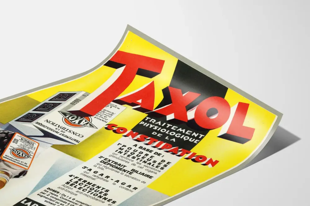 Affiche publicitaire vintage du traitement Taxol contre la constipation Artem Legrand