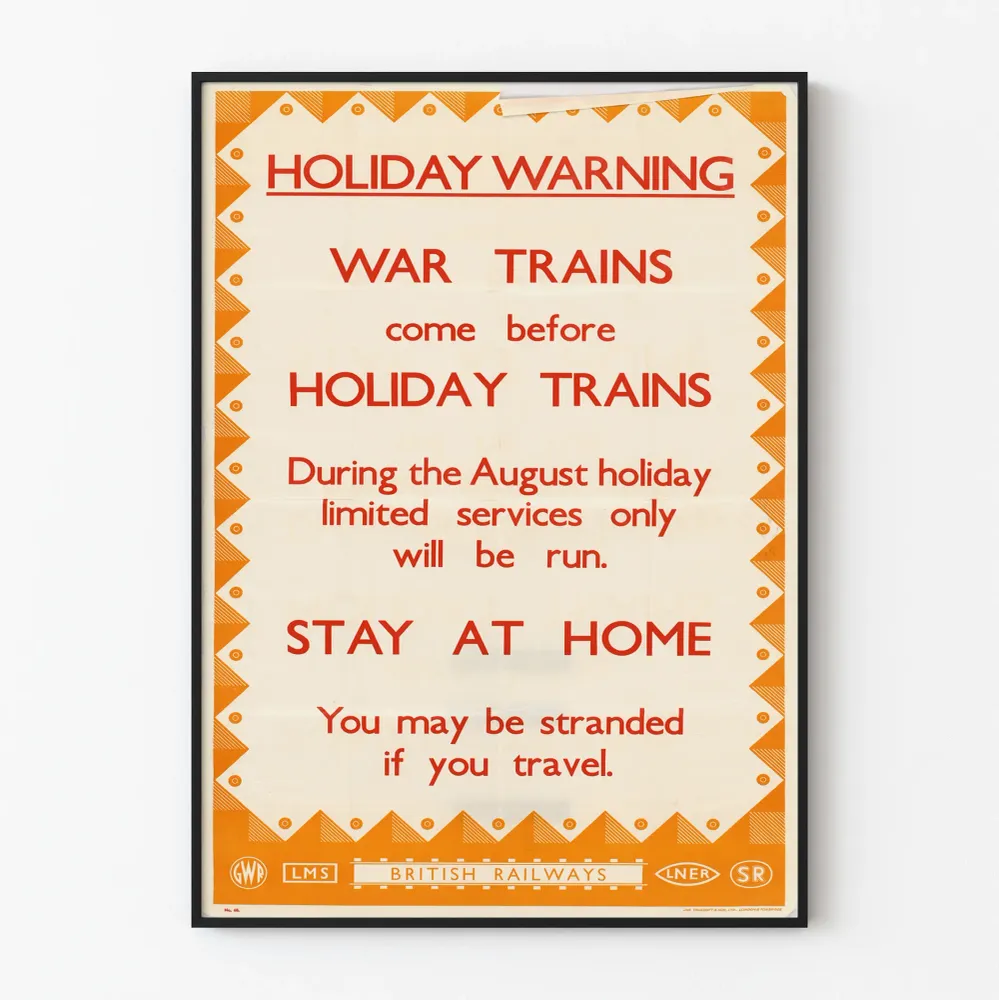 Affiche vintage avertissement trains de guerre avant trains de vacances Artem Legrand