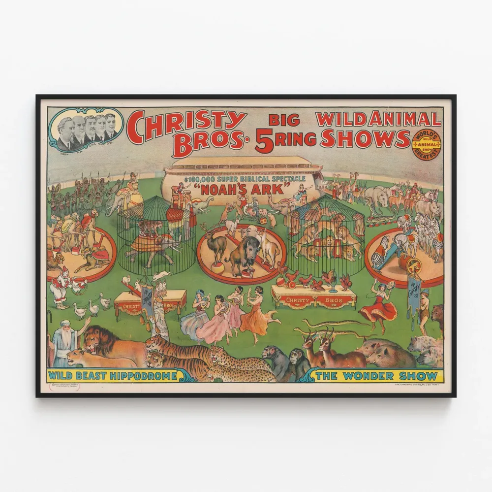 Affiche Vintage Christy Bros 5 Big Ring Wild Animal Shows Artem Legrand