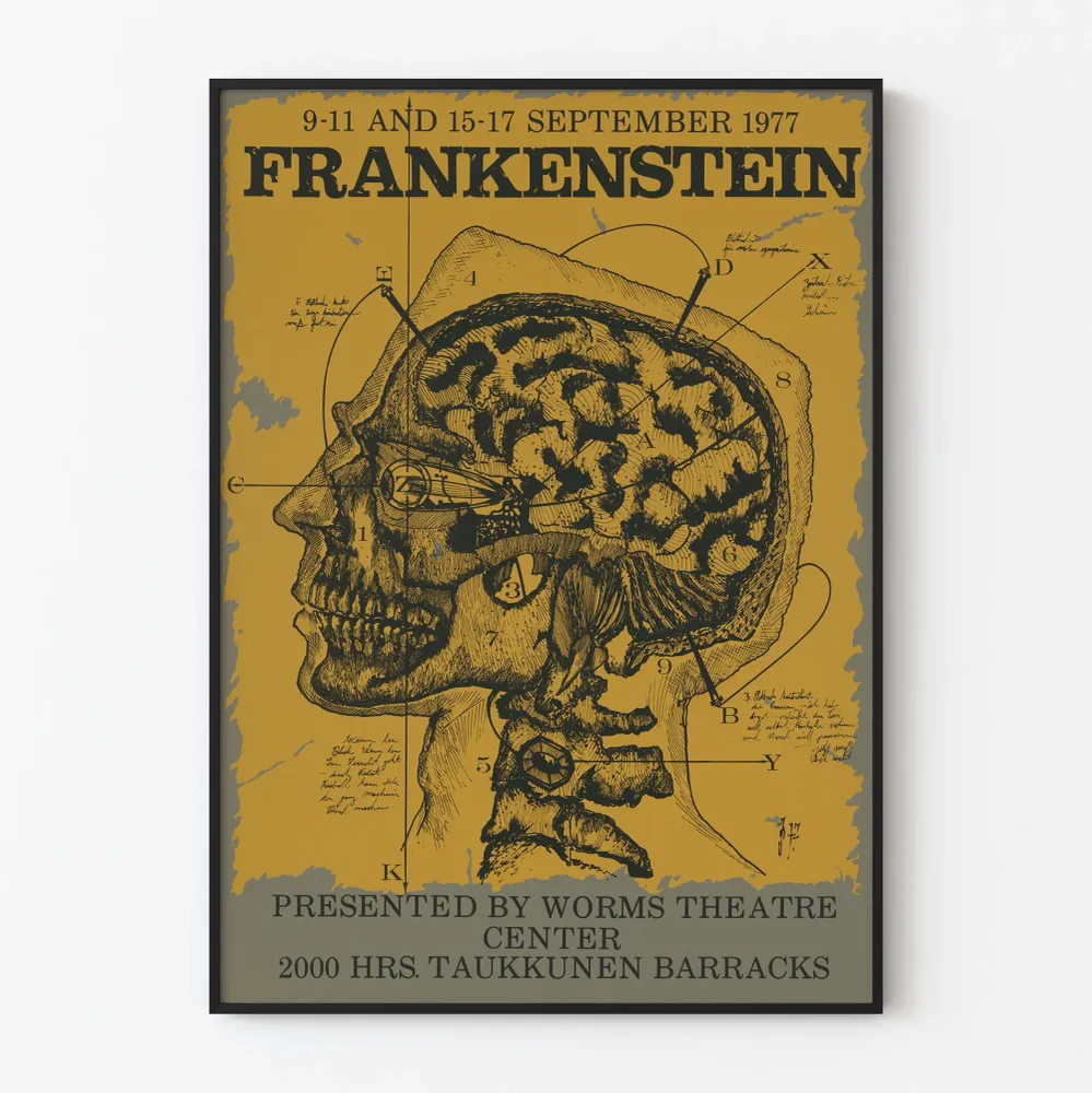 Affiche vintage Frankenstein 1977 illustration anatomique crâne Artem Legrand