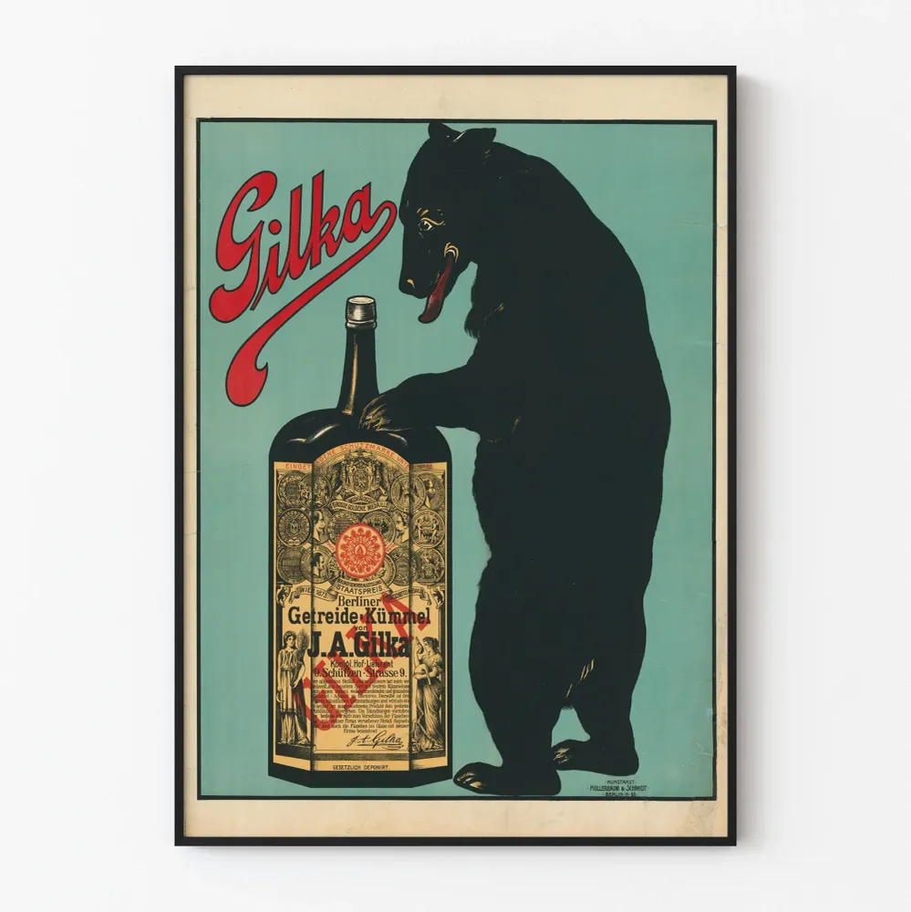 Affiche Vintage Gilka avec Ours et Bouteille de Berliner Getreide Kümmel Artem Legrand