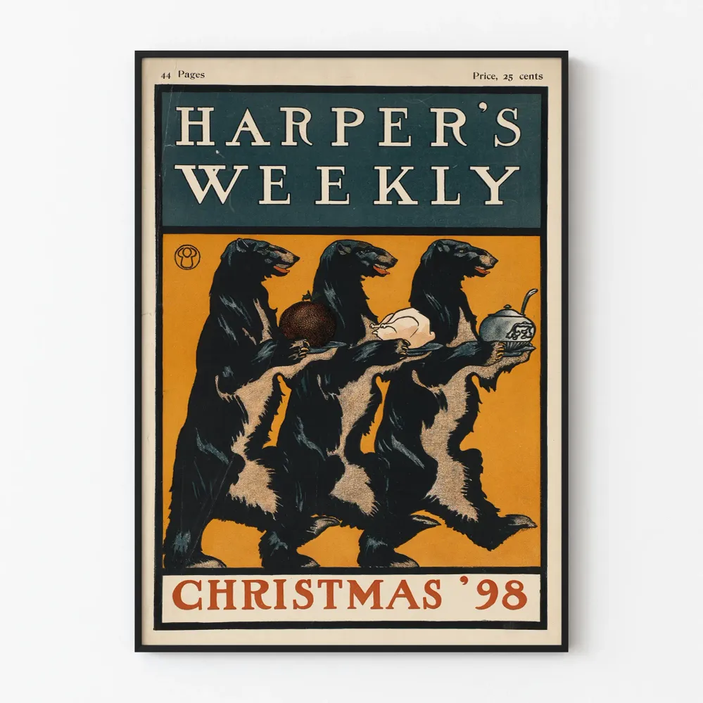 Affiche vintage Harper's Weekly Christmas 1898 avec ours et dinde Artem Legrand