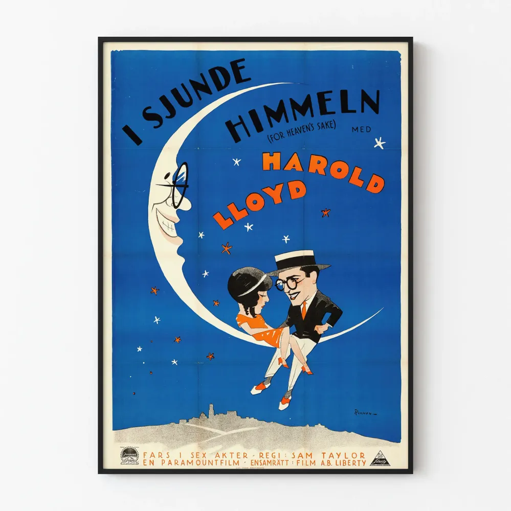 Affiche vintage Heaven's Sake sur fond de lune bleue Artem Legrand